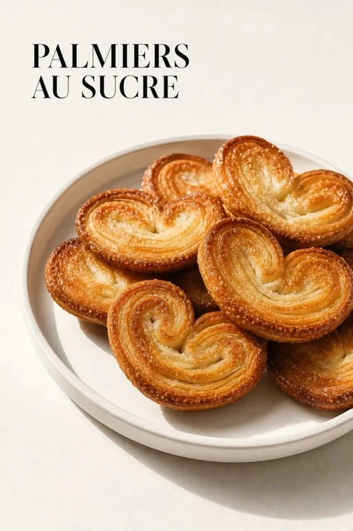 Recette palmier au sucre maison, biscuits feuilletés dorés et caramélisés sur une assiette blanche