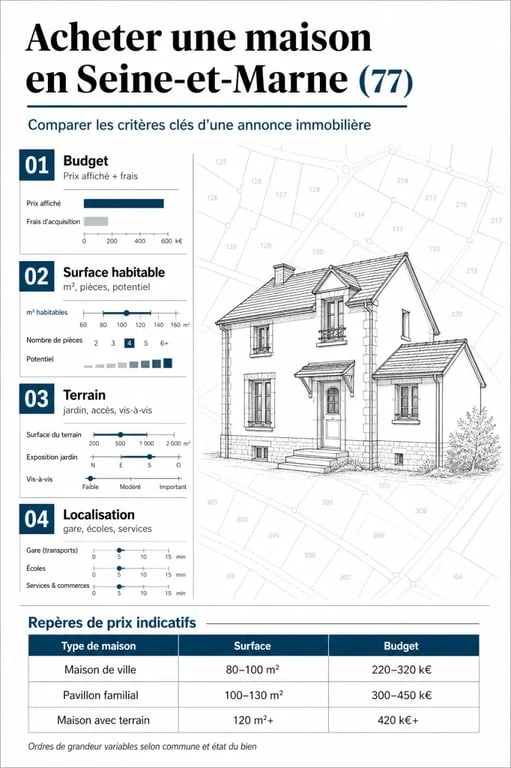Illustration éditoriale achat maison 77 comparant budget, surface, terrain et localisation