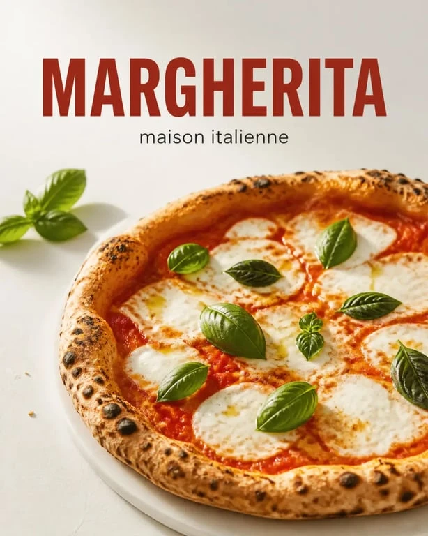 Idée de pizza italienne : pizza Margherita maison avec mozzarella, basilic et huile d’olive
