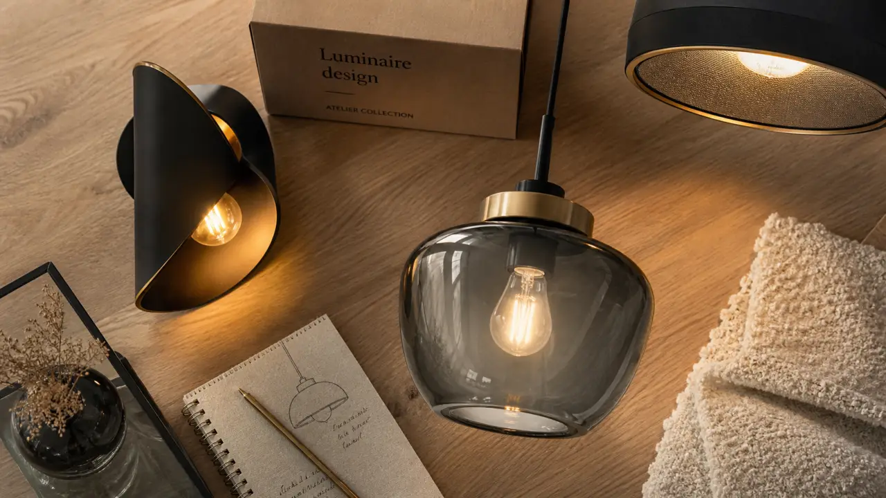 Luminaire design : suspension noire mate, verre fumé et laiton