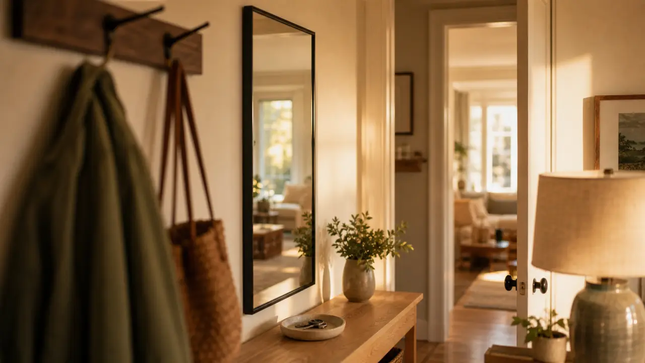 Miroir entree noir fin dans une entrée lumineuse, pour gagner de la profondeur