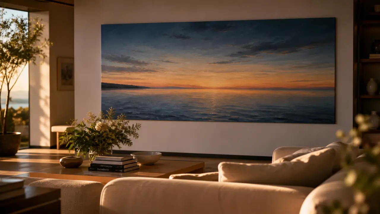 Paysage tableau panoramique au mur d’un salon lumineux, ambiance dorée