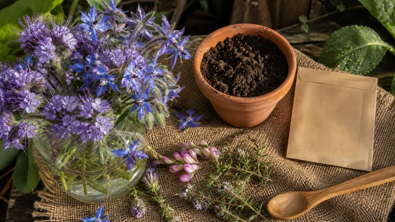 Bouquets de plantes mellifere nectar et pollen au jardin, pour les abeilles