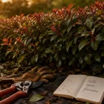 Quand tailler les photinia après floraison : haie avec jeunes pousses rouges