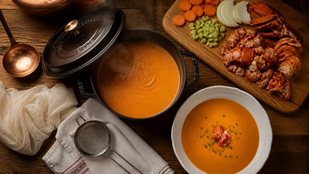 Bisque de homard maison : carcasses dorées, 3 filtrages et crème 35 %