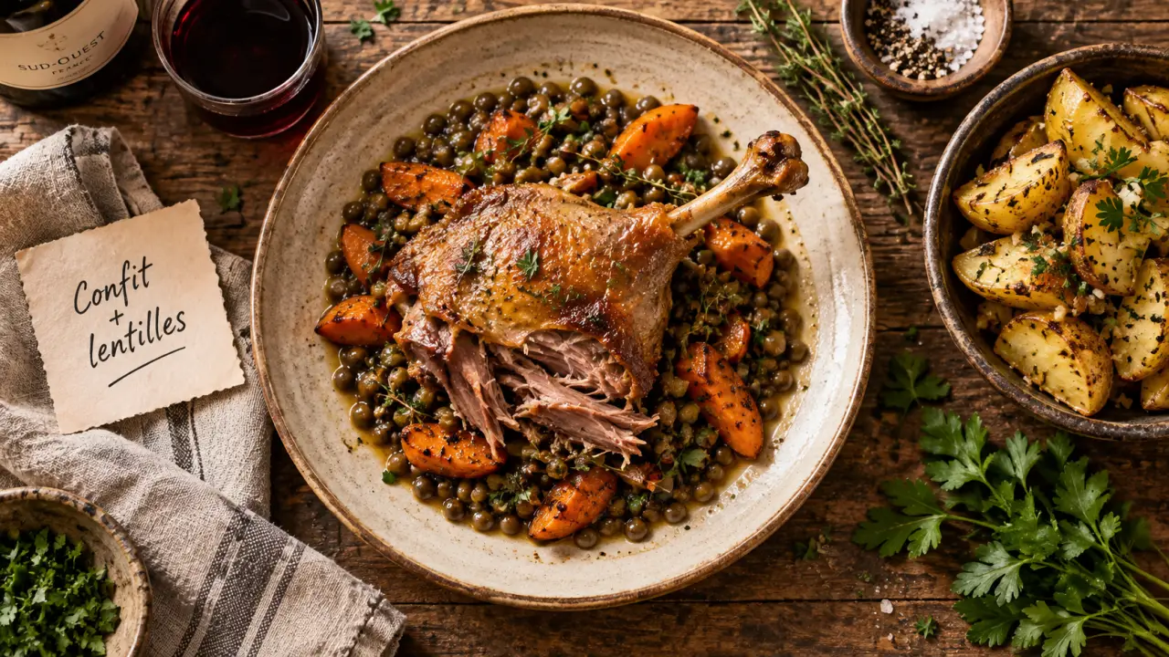 Confit de canard accompagnements : lentilles et pommes de terre sarladaise