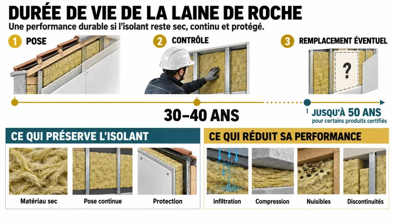 Infographie sur la laine de roche durée de vie, les repères de 30 à 50 ans et les facteurs de dégradation
