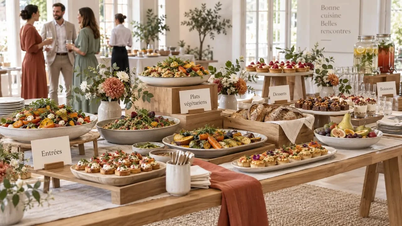 Décoration buffet réception avec plats colorés, hauteurs variées et bouquets bas