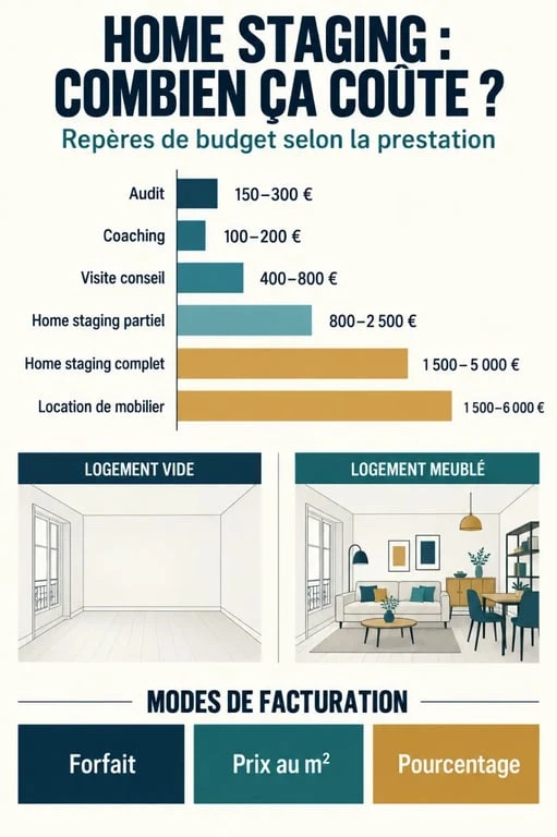 Infographie du home staging tarif selon la prestation, le type de logement et le mode de facturation