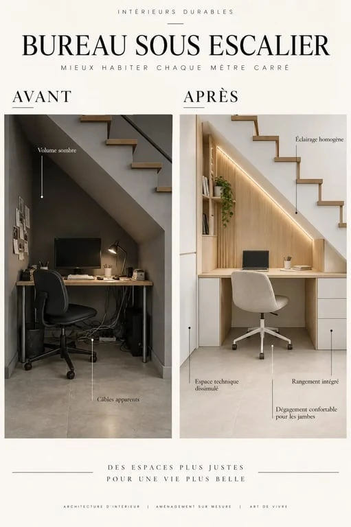Aménagement bureau sous escalier avant après avec rangement intégré