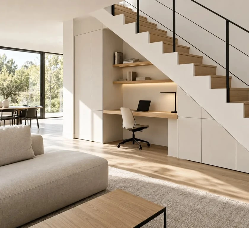 Aménagement bureau sous escalier avec rangements et éclairage adapté