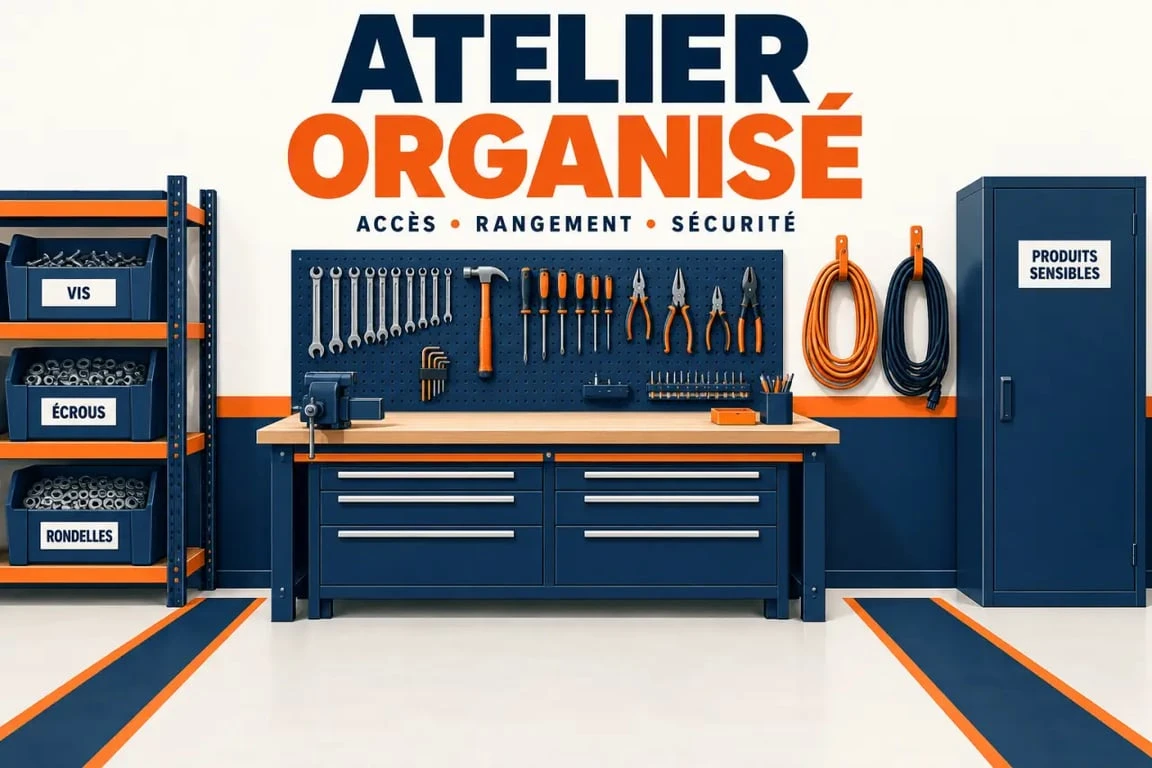 Aménagement d’un rangement atelier par zones avec établi, panneau mural et bacs