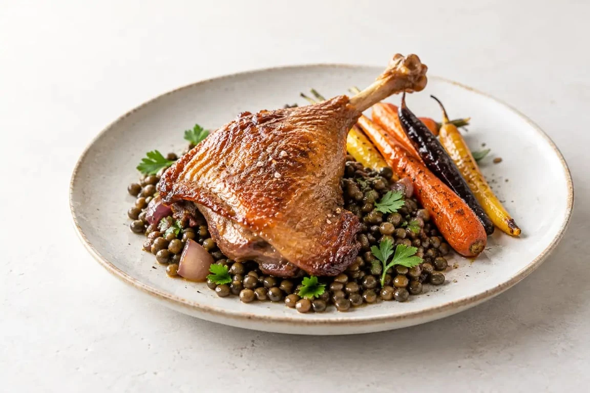 Confit de canard accompagnements avec lentilles vertes et carottes rôties