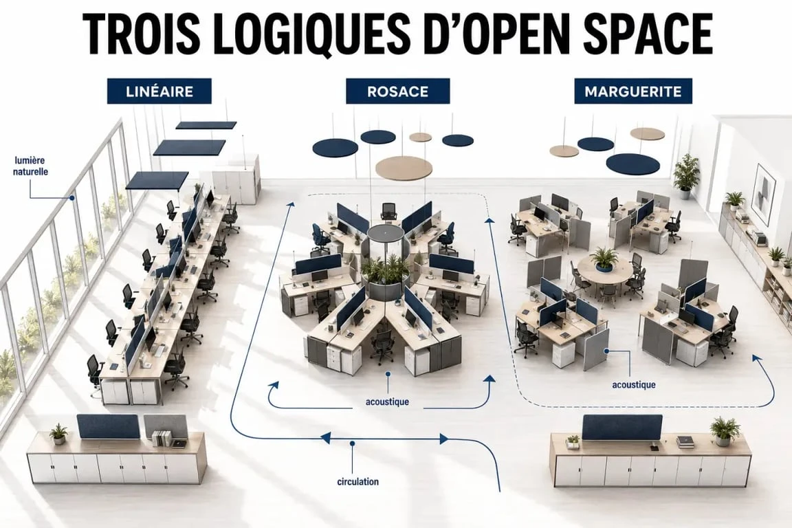 Aménager un open space : illustration des configurations linéaire, rosace et marguerite avec circulation et zones acoustiques