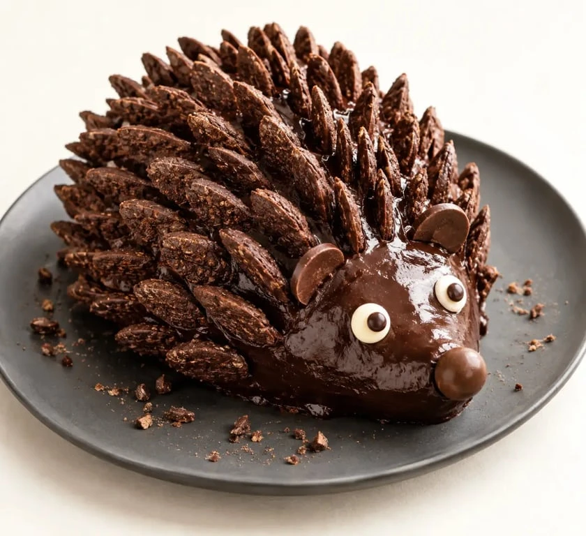 Recette gâteau hérisson facile au chocolat décoré avec des biscuits Mikado