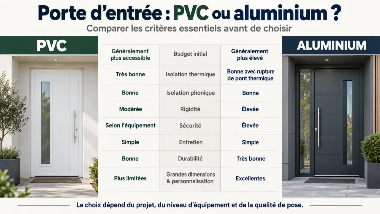 Infographie comparative porte en PVC ou alu selon le budget, l’isolation, la sécurité et les dimensions