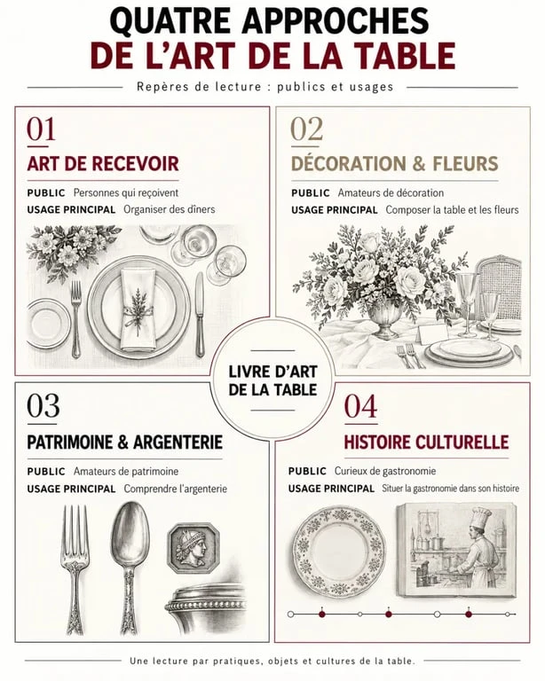 Infographie pour choisir un livre art de la table selon son thème et son usage