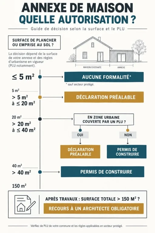 Infographie des démarches administratives pour construire une annexe de maison : déclaration préalable ou permis de construire