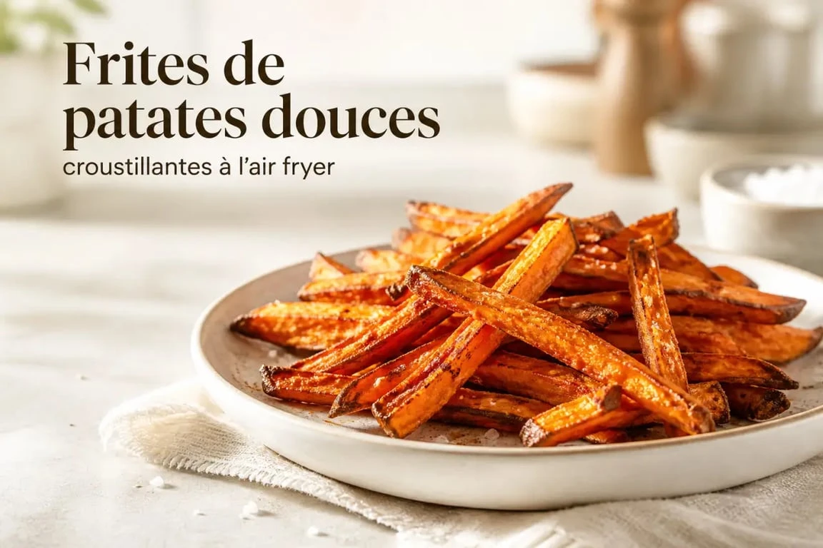Frites de patates douce air fryer dorées et croustillantes sur une assiette blanche