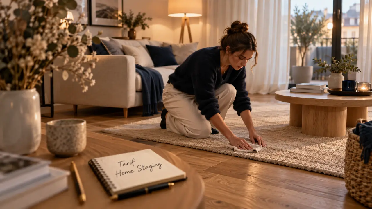 Home staging tarif : stager ajuste un tapis beige dans un salon