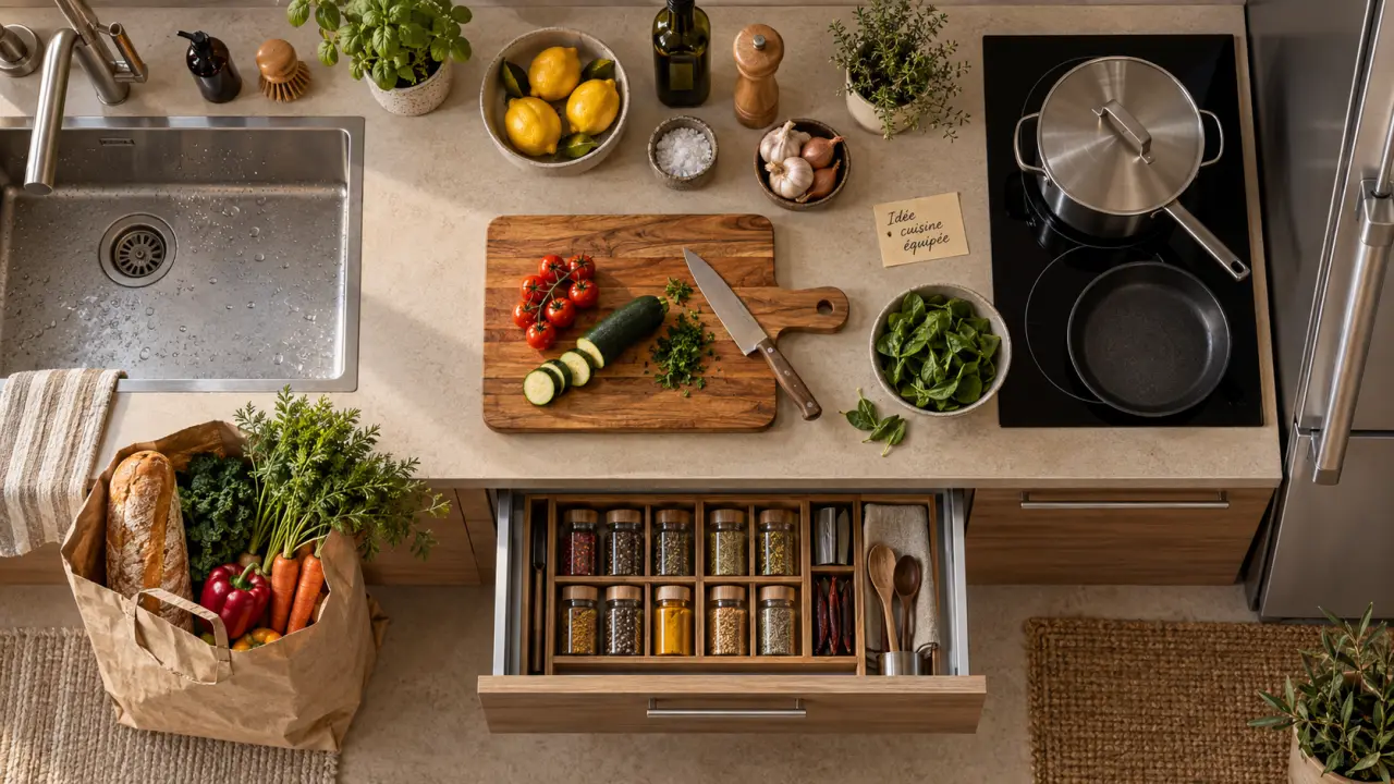 Idée cuisine équipée : rangements sans alourdir la pièce