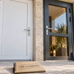 Porte en pvc ou alu pour entrée moderne, blanc PVC et alu anthracite