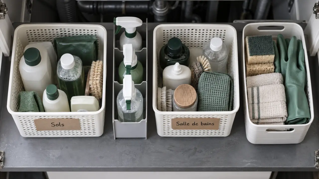 Ranger produits ménagers : placard sous évier organisé en zones