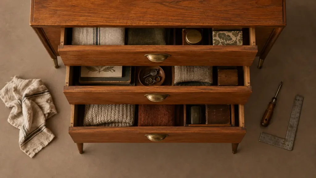 Commode années 60 : pieds compas, placage chevron et le tiroir qui trahit l&rsquo;authentique