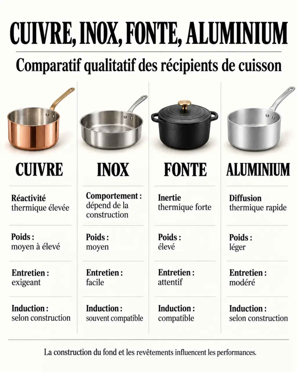 Infographie comparative des ustensiles de cuisine en cuivre, inox, fonte et aluminium