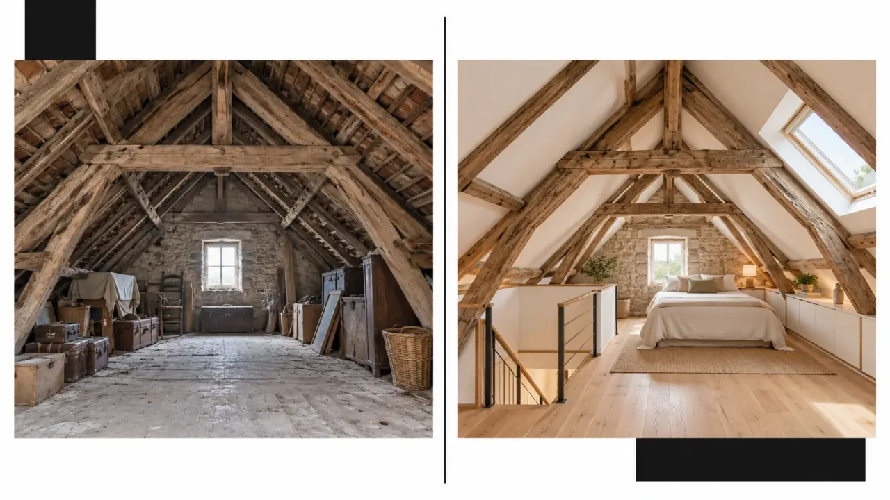Rénovation vieille maison avant/après de combles transformés en chambre habitable