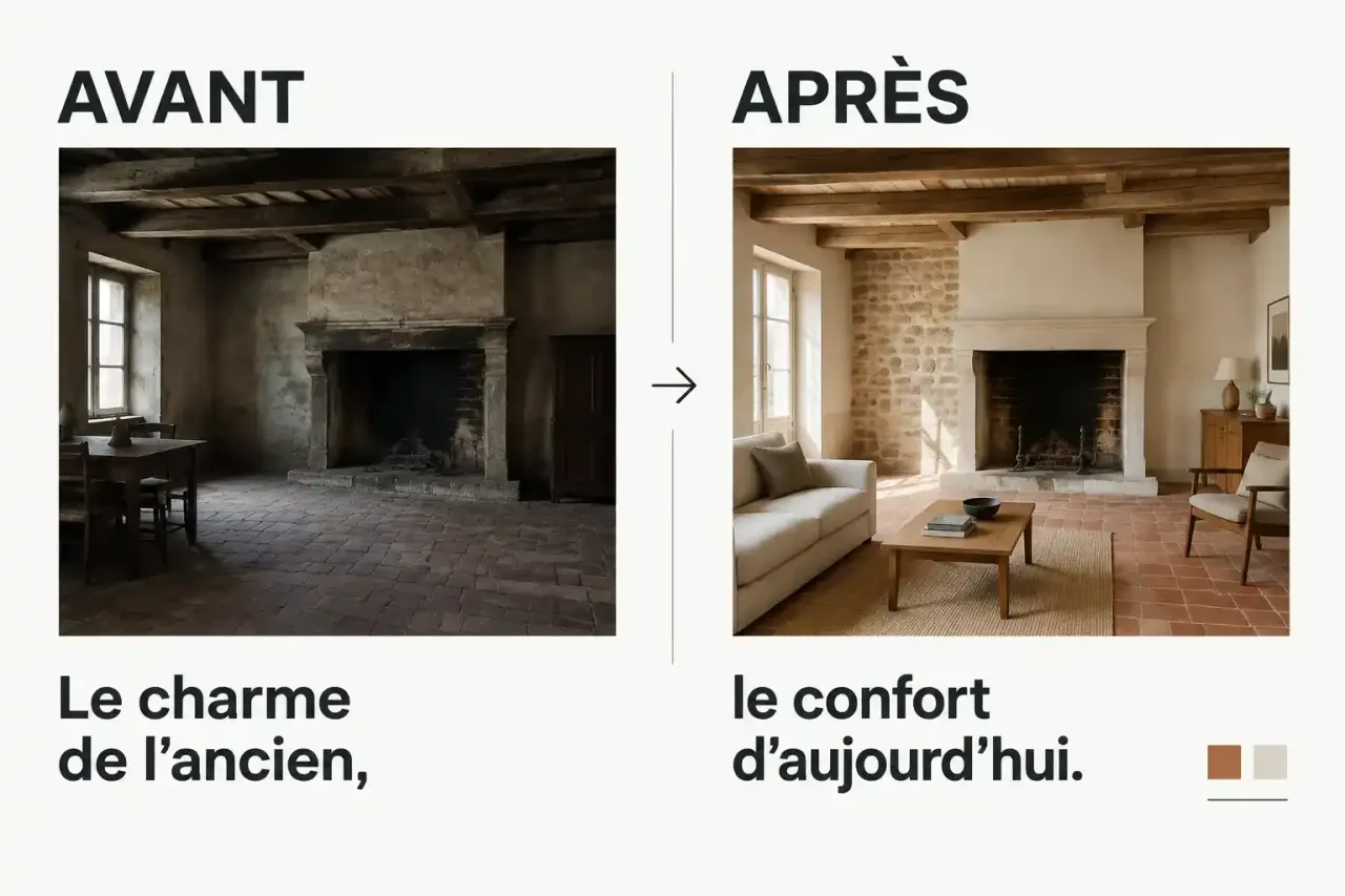 Rénovation vieille maison avant/après avec tomettes, poutres et cheminée préservées