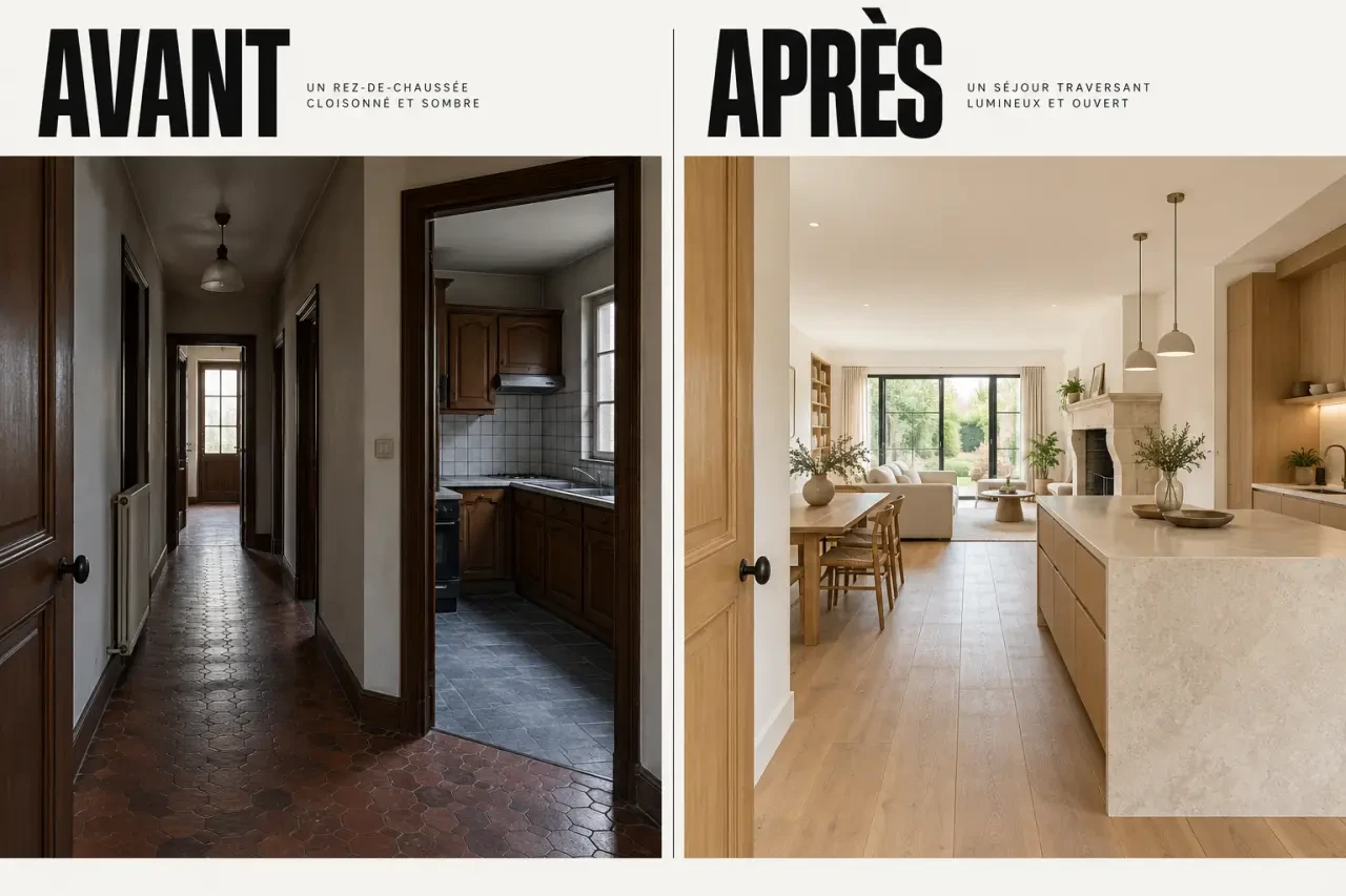 Rénovation vieille maison avant/après d'un rez-de-chaussée cloisonné transformé en séjour lumineux