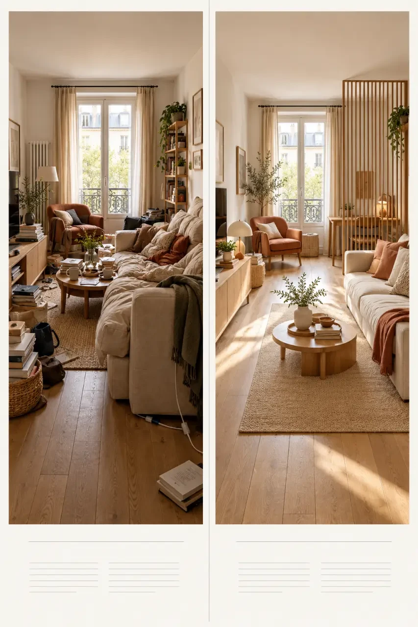 Avant-après de décoration intérieure havredemaison pour libérer les passages et organiser un petit séjour
