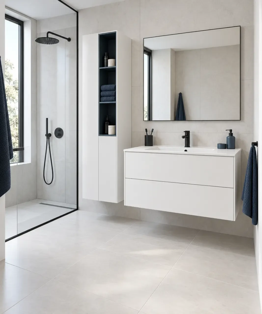 Meuble de rangement blanc compact avec colonne slim dans une petite salle de bain