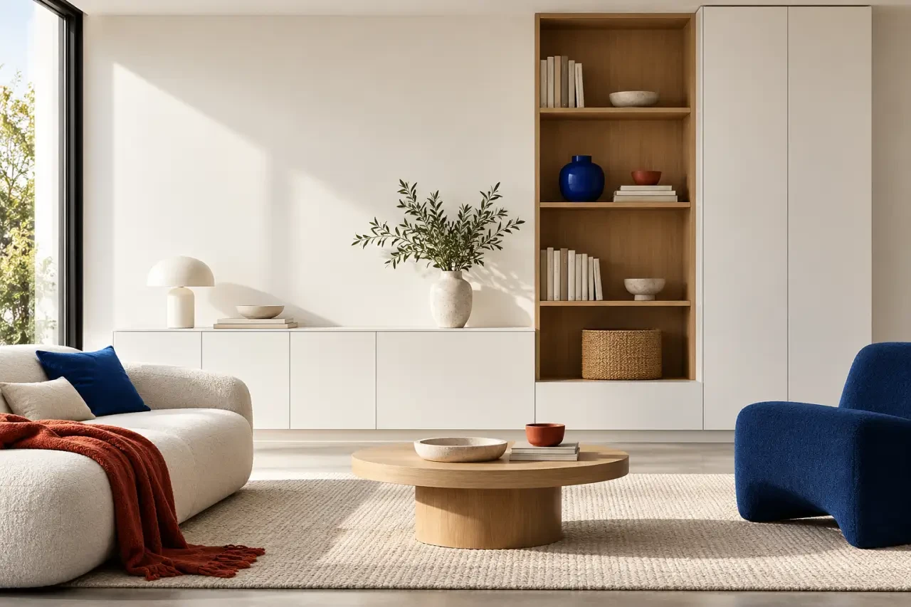 Meuble de rangement blanc dans un salon avec meuble bas, bibliothèque et colonne haute