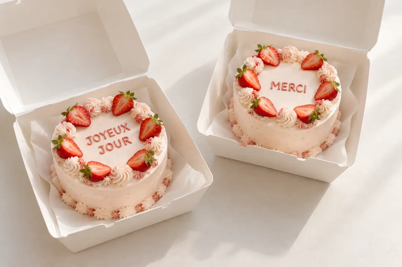 Recette bento cake vanille-fraise décorée dans une boîte pâtissière