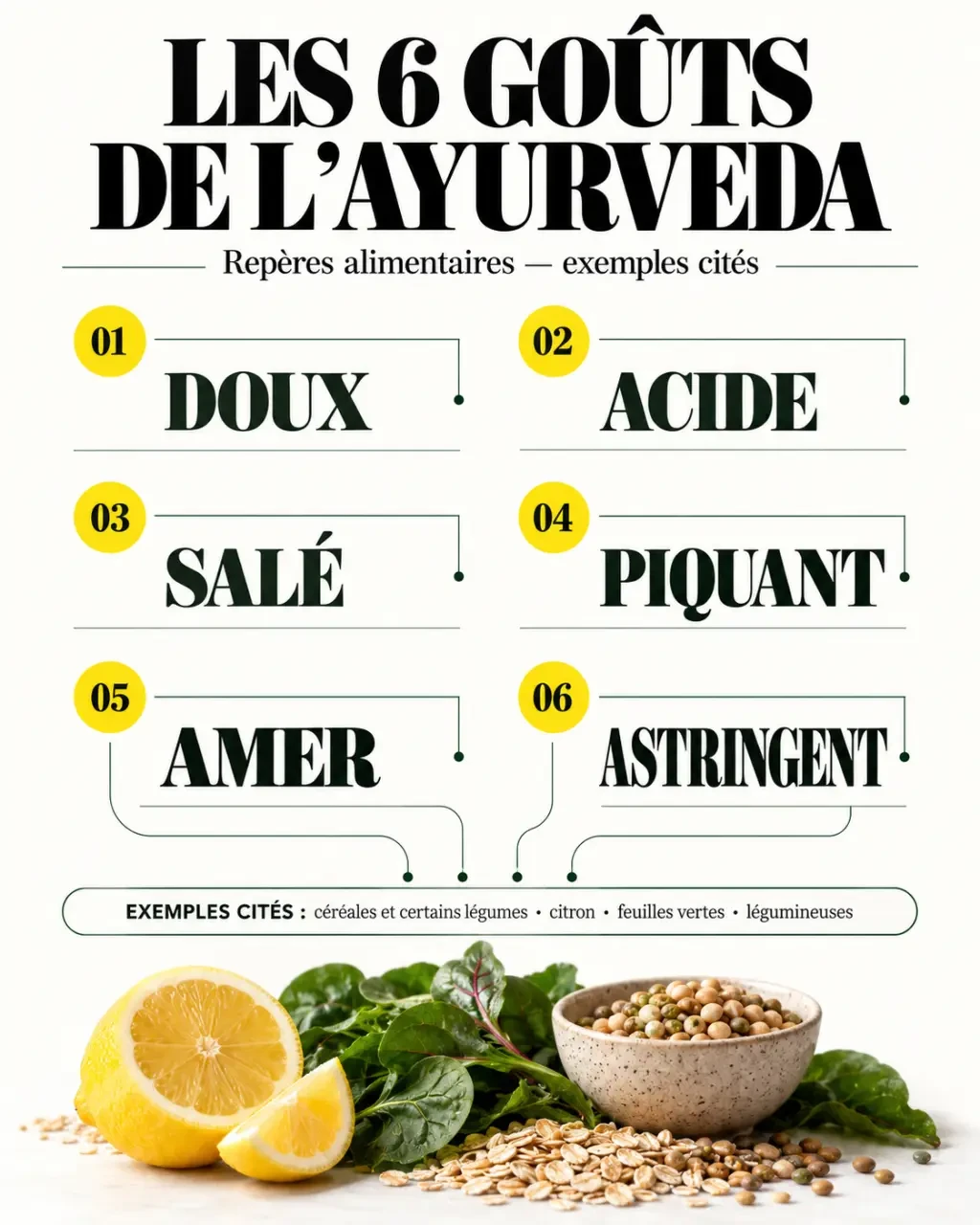 Infographie des six goûts de l’ayurveda pour comprendre une recette ayurveda