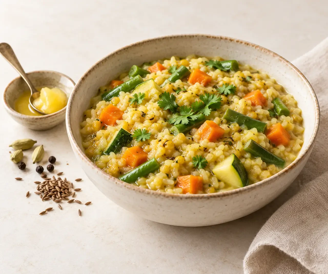 Ayurveda recette de kitchari fondant aux légumes, riz, haricots mungo et épices