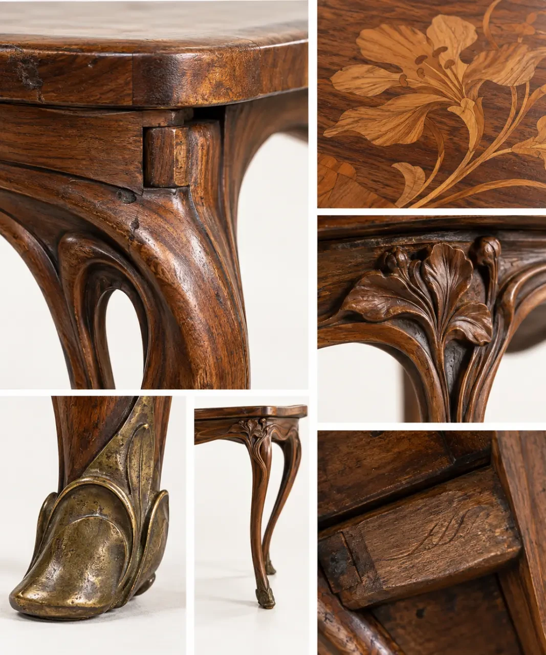 Détails de marqueterie, assemblage et signature à vérifier sur une table Art nouveau
