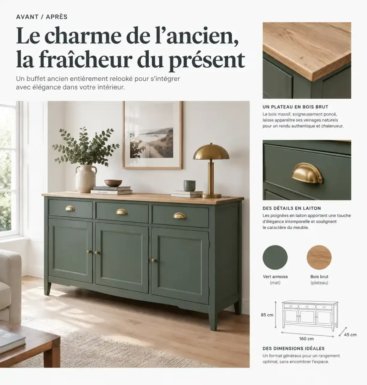 Relooking meuble avant après : buffet ancien repeint en vert armoise avec plateau en bois brut