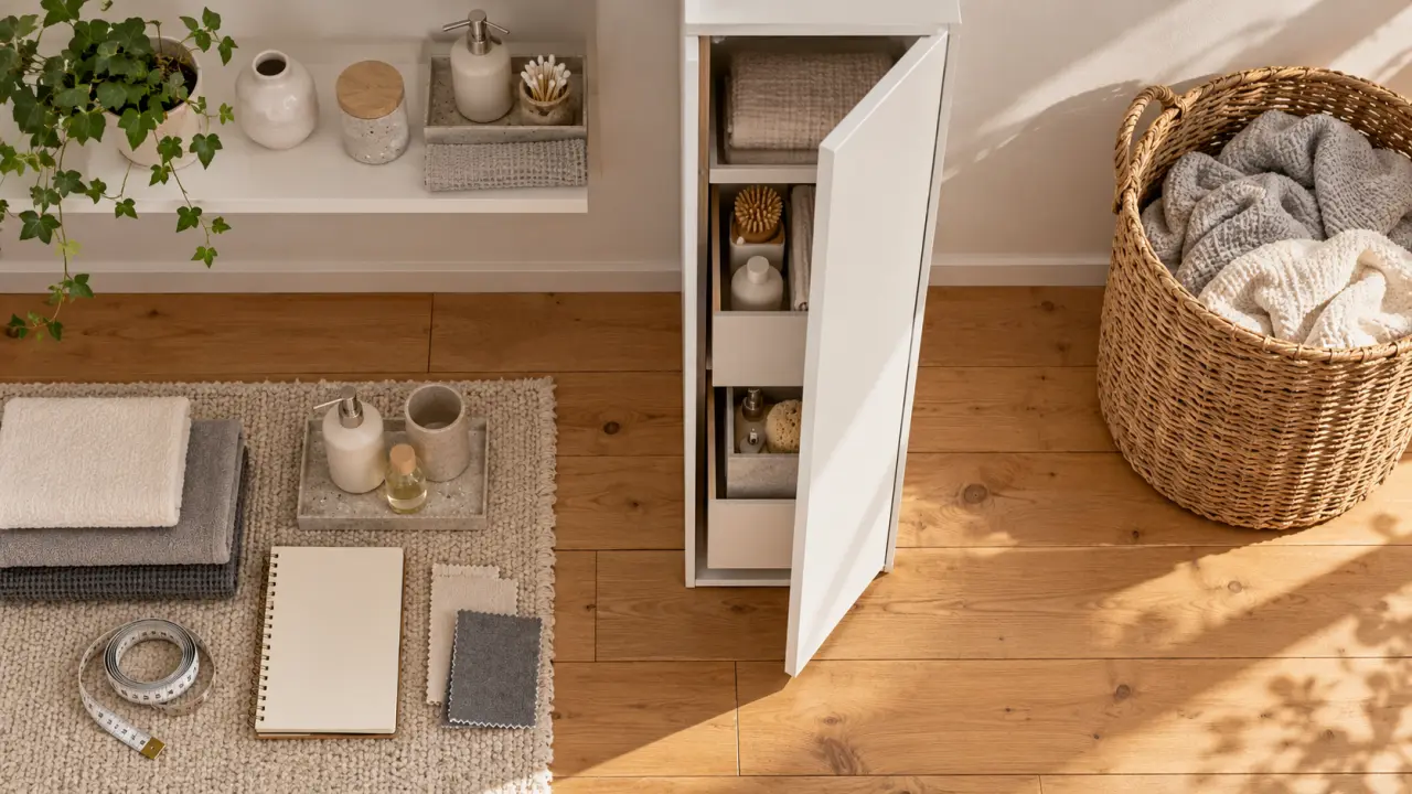 Meuble rangement blanc en colonne slim, vue dessus, ouverture avec tiroirs