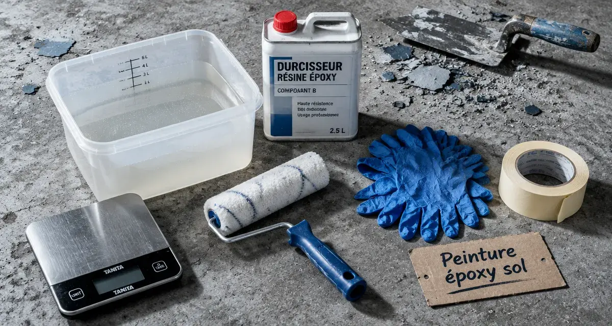 Peinture epoxy sol : résine et durcisseur sur sol béton, 24h entre couches, 7 jours avant eau