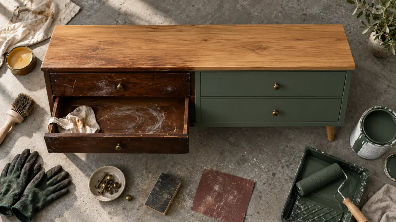 Relooking meuble avant après : buffet peint vert ardoise mat