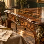 Table art nouveau sur parquet ancien, facture et mètre ruban