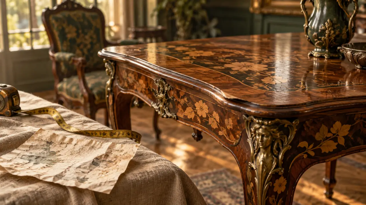 Table art nouveau sur parquet ancien, facture et mètre ruban